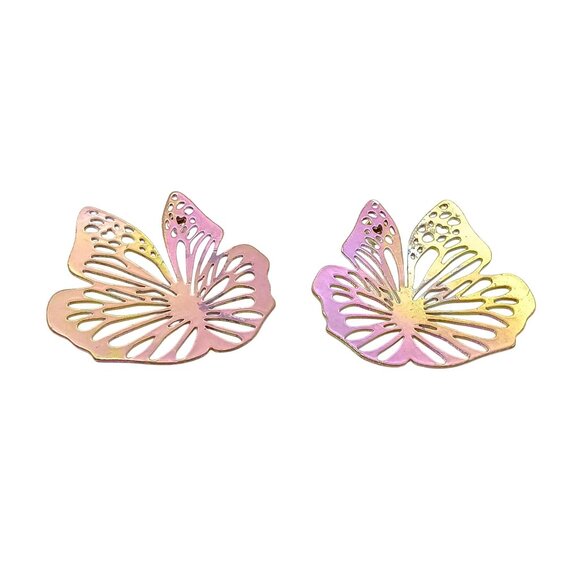 Vintage Butterfly Shaped Iridescent Metal Earrings Dramatic Dimensional Studs - Picture 4 of 5